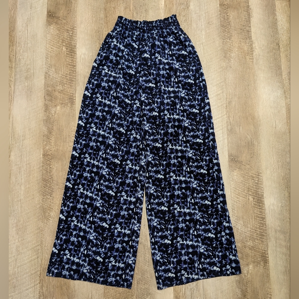 Sanctuary Baggy Wide Leg Pants Blue Floral Print Elastic Stretch Waist Size XS